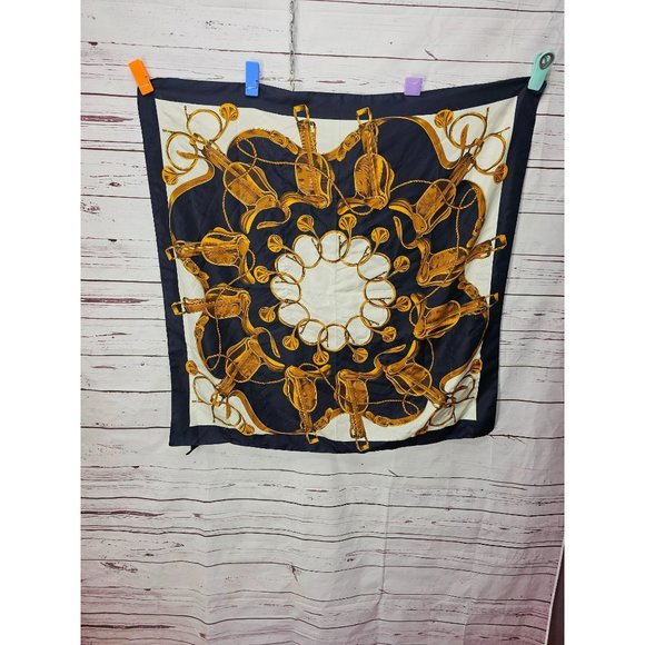 Italian Specialty House Square Polyester Navy Blue White Horse Saddle Gold Scarf - Picture 4 of 10